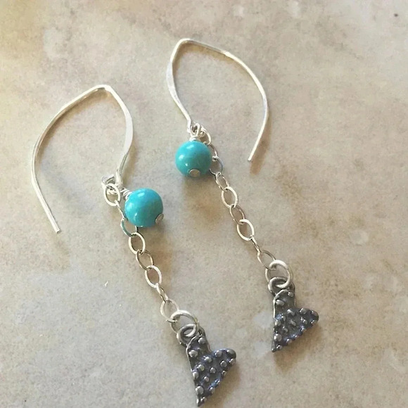 Turquoise Earrings,Long Earrings,Heart Charm,Chain Earrings,Blue Earrings - Picture 1 of 3